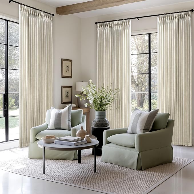 120 Inch Long Pinch Pleat Flax Linen Beige Farmhouse Curtains 50 Inch Wide | - Image 8