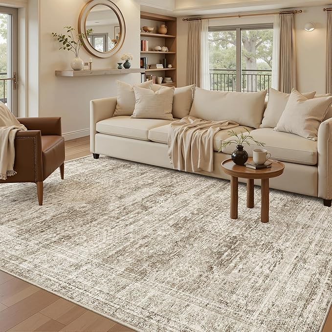 Soalmost 5x7 Area Rugs Brown Low Pile Washable Trendy Faded Style Rug | Vintage - Image 2