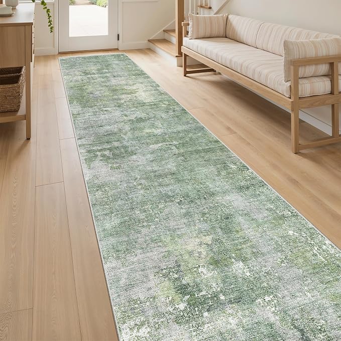 Soalmost Abstract Runner Rug 2x12 Hallway Kitchen Runners Green/Ivory | Vintage - Image 3