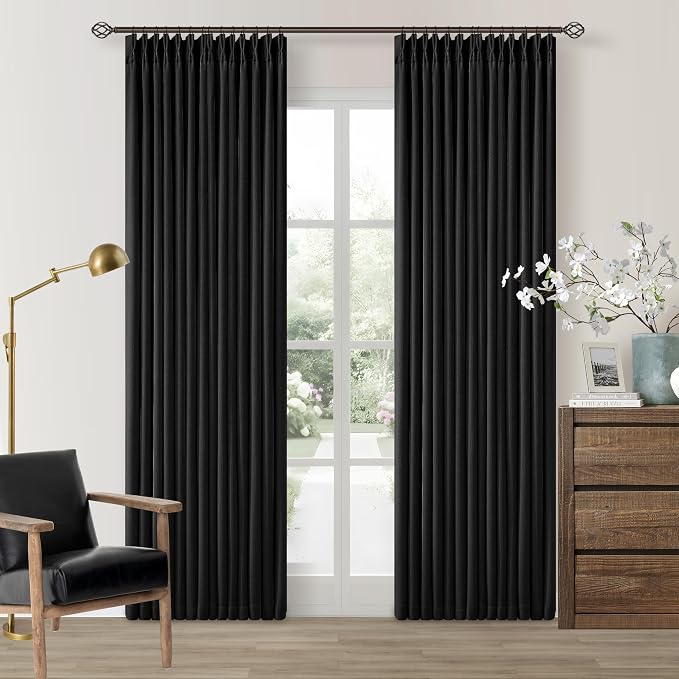 Black 86 Inch Pinch Pleated 100% Blackout Curtains by Twodrapes