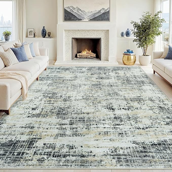 8x10 Washable Area Rug for Living Room Bedroom: Non-Slip Modern Black Gray | by Oriannal