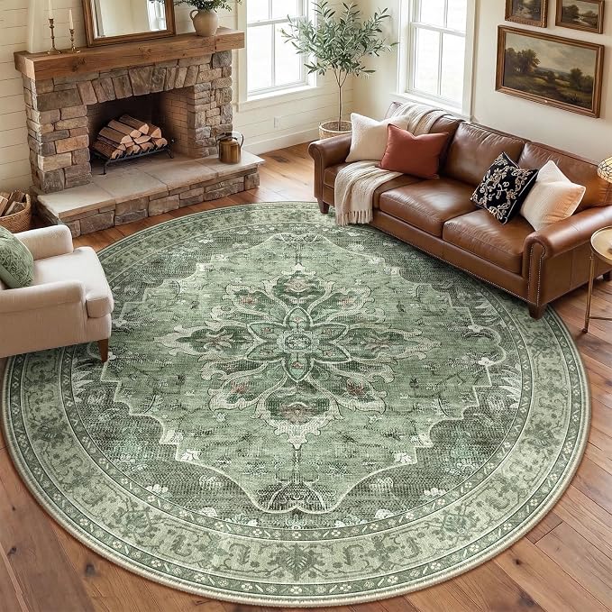 RELEANY Washable Area Rug, Round 8ft, Water Repellent, Pet Friendly, Vintage by RELEANY