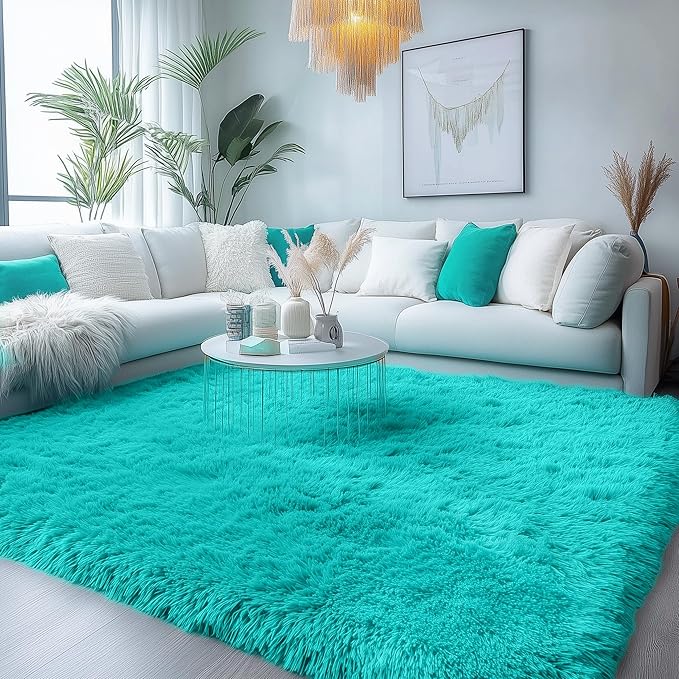 Soft Fluffy Teal Area Rugs for Bedroom Kids Room Shag Furry Carpet 4' x 6' | - Image 2