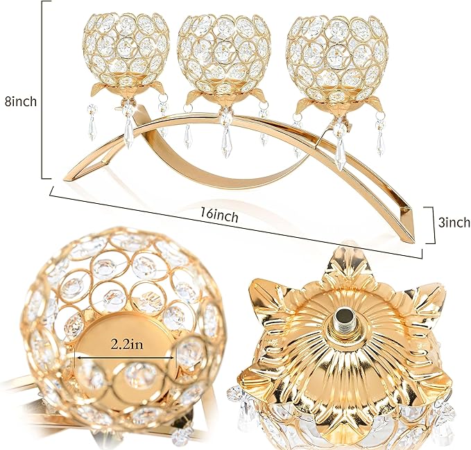Set of 3 Gold Crystal Tea Light Candlestick Holders Flower Shape with Crystal Pendant Bowl Votive Metal Candle Holder for Table Centerpieces Wedding Home Decor (Gold, 3 arm)