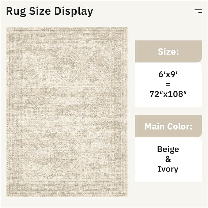 Soalmost 6x9 Area Rug for Living Room Washable Rugs Non-Slip Beige | Low-Pile - Image 3