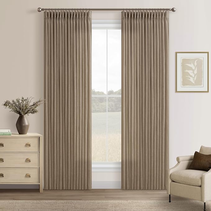 Latte Pinch Pleat Light Filter Thick Linen Semi Sheer Curtains 80 Inch Long | by Twodrapes