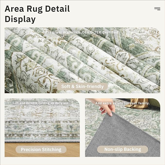 Soalmost 8x10 Area Rugs Large Washable Living Room Rug Non-Slip Green/Brown | - Image 7