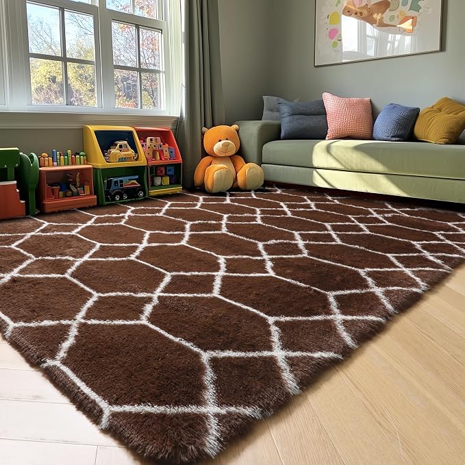 6x9 Area Rugs for Living Room Bedroom, Fluffy Brown and White Geometric Rug | - Image 8