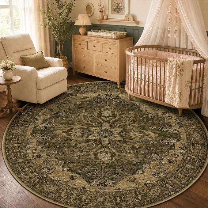 RELEANY Washable Area Rug, Round 5ft, Water Repellent, Pet Friendly, Vintage by RELEANY