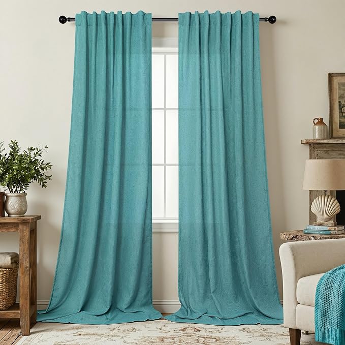 Pitalk Teal Linen Curtains 84 Inches Long 2 Panels Back Tab Rod Pocket Pleated by Pitalk