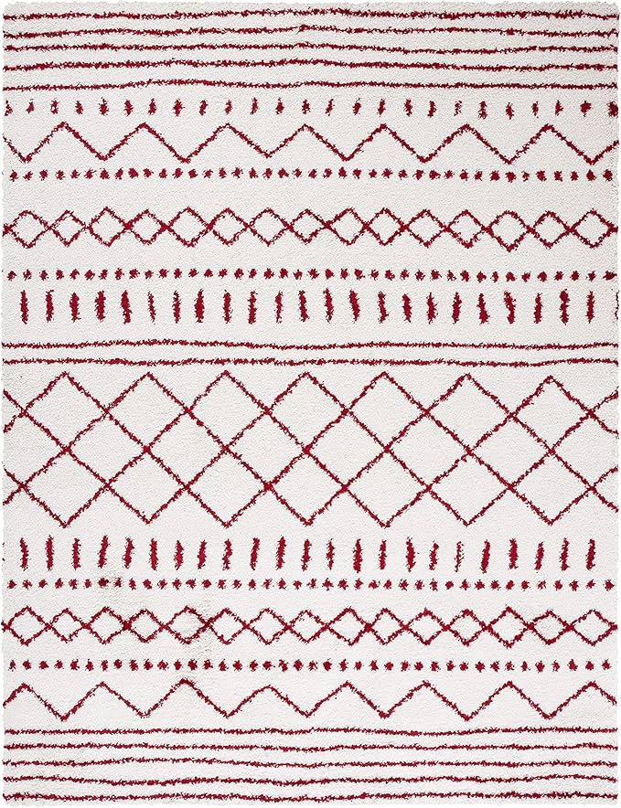 SAFAVIEH Area Rug 8x10 - Arizona Shag Collection - Large - Ivory & Red, Moroccan Design, Non-Shedding & Easy Cleaning, Ultra Plush Thick Pile, Ideal for Living Room, Bedroom, Dining Space (ASG741P)