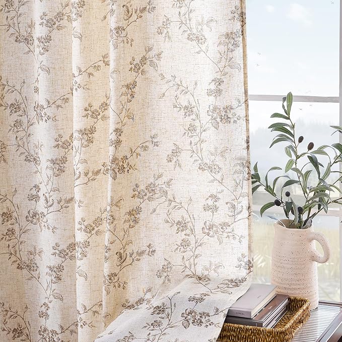 Taupe Vintage Floral Linen Curtains Farmhouse 38W X 90L 2 Panels | Elisa Series - Image 5