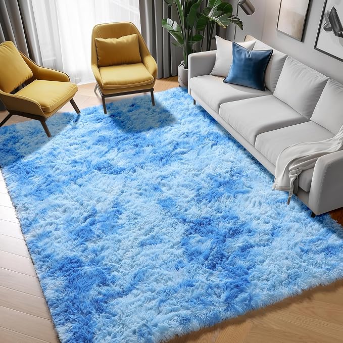Tie-Dye Blue Rugs for Living Room Bedroom, Fluffy 5x8 Bedside Area Rug - Image 7