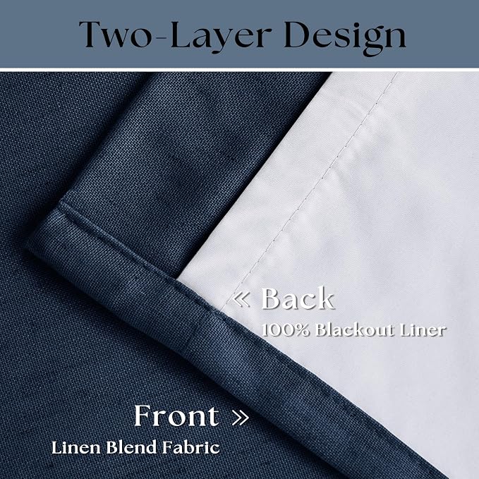 Navy Blue Blackout Linen Curtains 108 Inches Long - Image 4