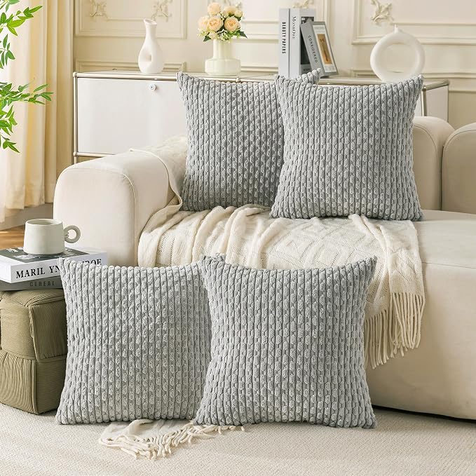 Set of 4 Grey Decorative Throw Pillow Covers 18x18 Inch Corduroy Pillow Covers by Cozoomy
