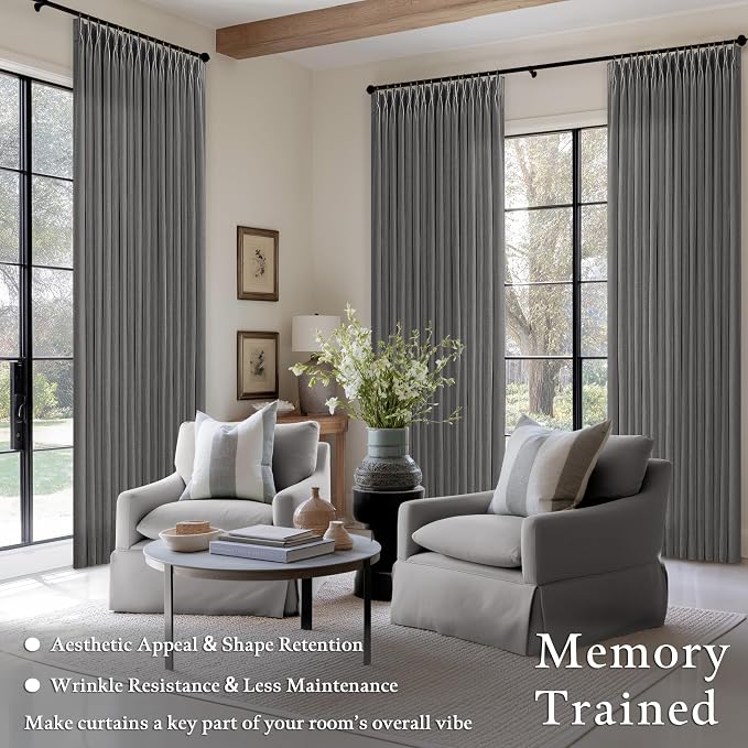 Dark Grey Pinch Pleat Linen Light Filtering Privacy Curtains 108 Inch Long | - Image 2