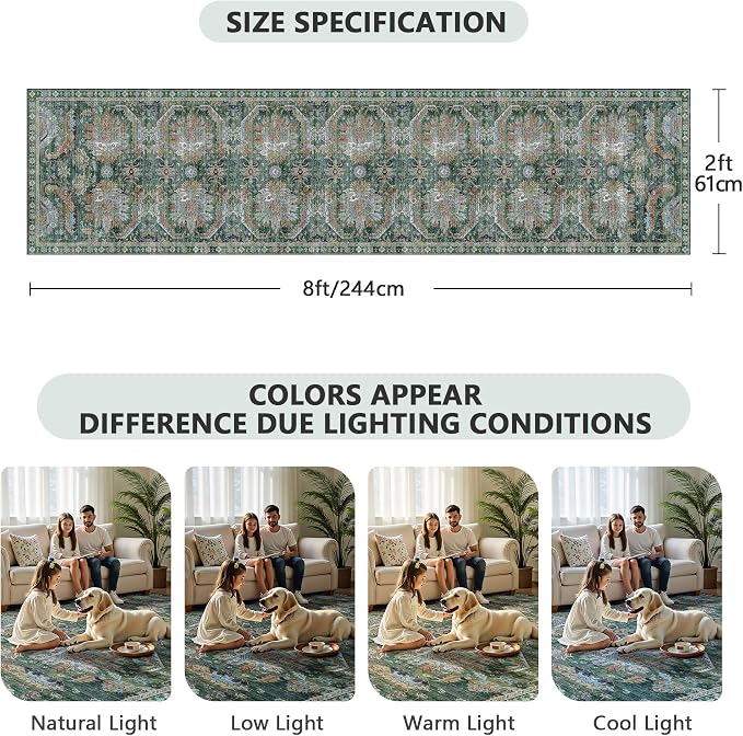 2x8 Hallway Runner Rug, Washable Vintage Retro Long Runner Rugs - Image 2