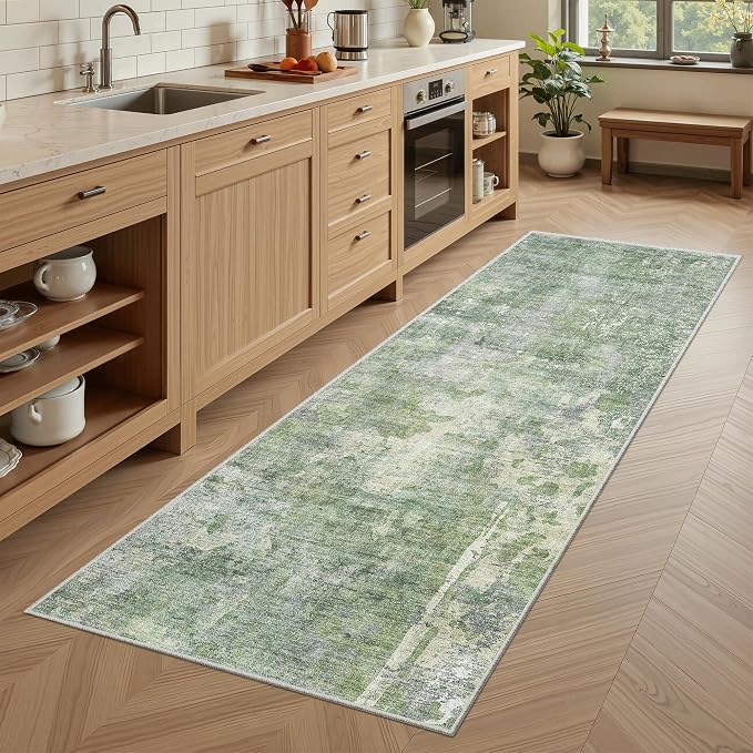 Soalmost Abstratc Runner Rug 2x5 Washable Kitchen Entry Runners Green/Ivory | - Image 3