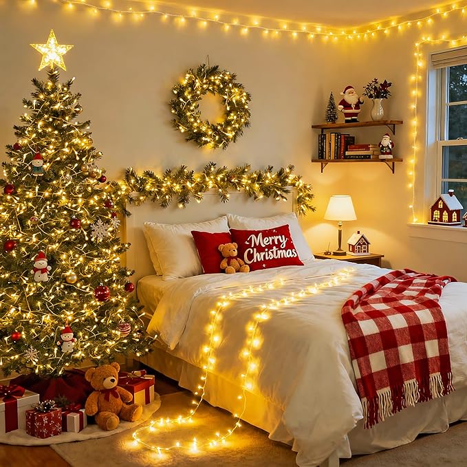JMEXSUSS 200 LED Christmas Lights Indoor Outdoor, Connectable Warm White Christmas Tree Lights Clear Wire, 66 Ft Twinkle Fairy String Light Plug in for Bedroom Wedding Xmas Tree Decorations