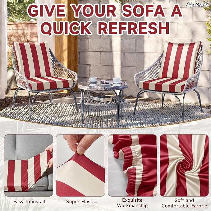 CALBODE 12 Pcs Stretch Outdoor Seat Cushion Covers, Washable Striped Chair Seat - Image 4