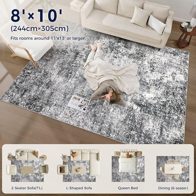 DMOYEST Area Rug Living Room Rugs 8x10 Washable Abstract Grey Carpet | Neutral - Image 6