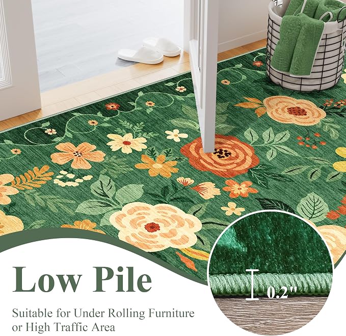 DUKINO 8x10 Area Rugs, Floral Washable Living Room Rug Non Slip, Dark Green | - Image 6