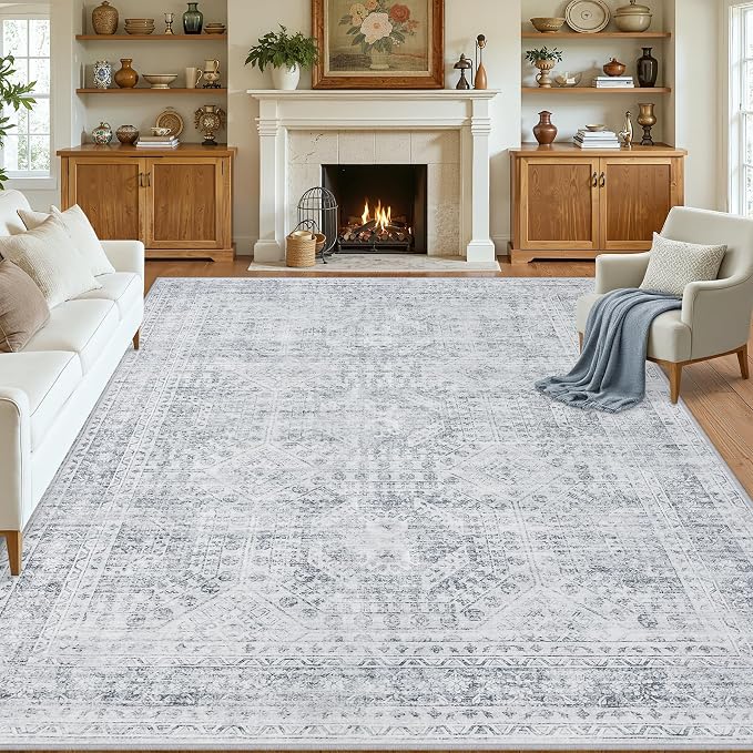 10x14 Area Rugs Living Room: Bedroom Neutral Washable Carpet Gray | Vintage - Image 8