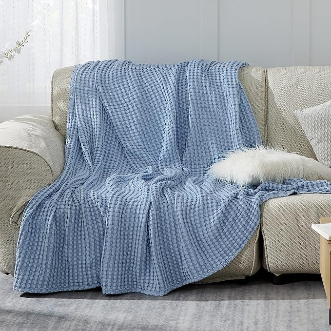 Bedsure Cooling Cotton Waffle King Size Blanket - Lightweight Breathable Blanket of Rayon Derived from Bamboo for Hot Sleepers, Luxury Throws for Bed, Couch and Sofa, Sky Blue, 104x90 Inches