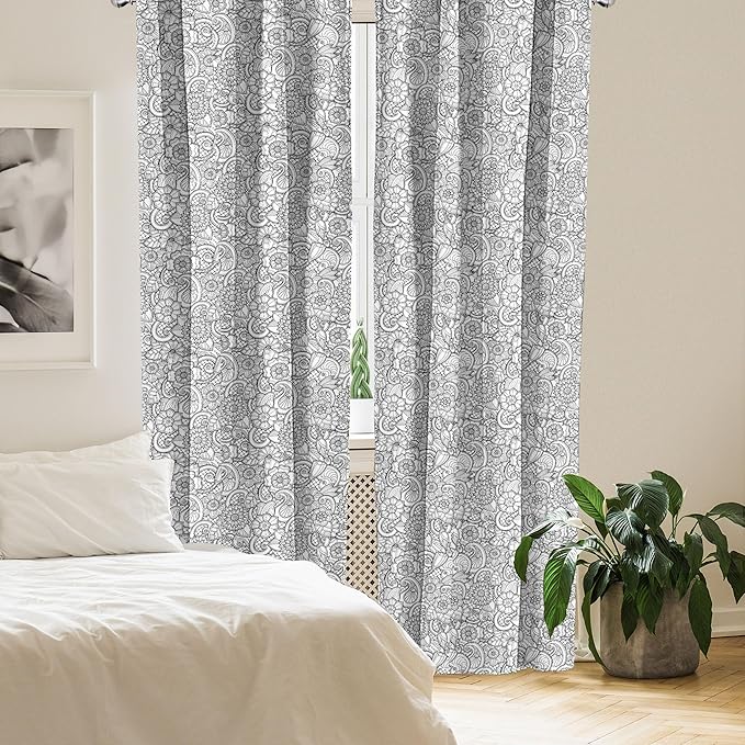 Ambesonne Black and White Window Curtains, Paisley Design with Sketch Style Flowers Leaves on Monochrome Background, Decor 2-Panel Set with Rod Pocket, Pair of - 28" x 95", White and Charcoal