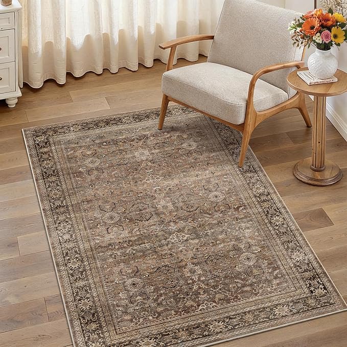 Schweek 3x5 Brown Area Rug Washable Non Slip Vintage Rugs - Image 3