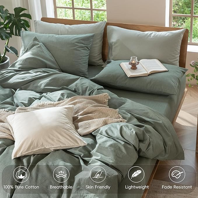 MooMee Bedding Duvet Cover Set 100% Washed Cotton Linen Like Textured Breathable Durable Soft Comfy (Heathered Green, Twin 68"x90")