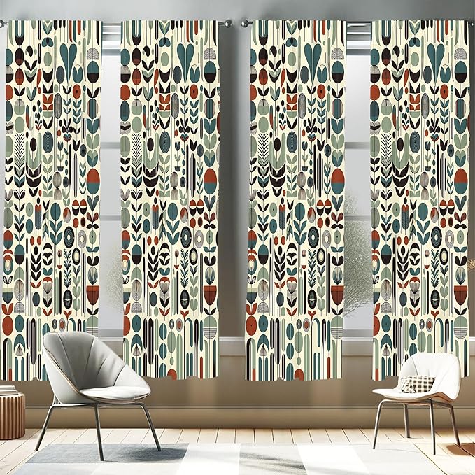 Ambesonne Leafy Art Window Curtains Pack of 2, Scandinavian Leaves Pattern with Geometric Roundy Modern Boho Print, Lightweight Set with Rod Pocket, 4 Panels of - 28" x 95", Pale Green Redwood Teal