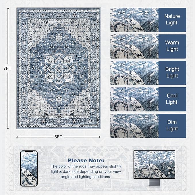 5x7 Area Rugs Living Room: Washable Vintage Rug - Image 2