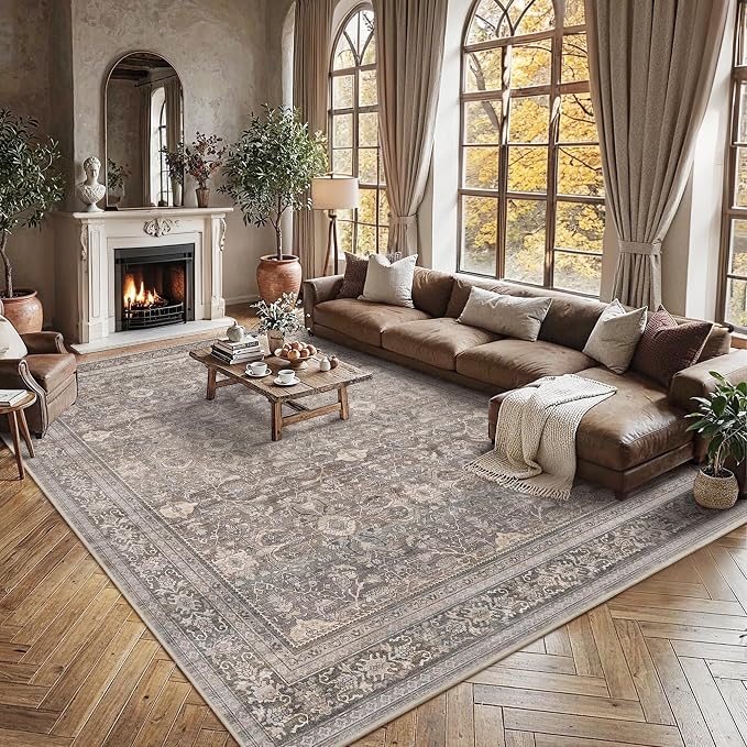 Schweek 8x10 Washable Area Rug Neutral Floral Rugs - Image 3