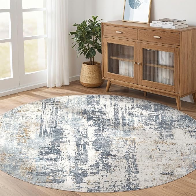 LOONGRUG Round Rug 7x7 Washable Large Neutral Modern Area Rugs Blue | Abstract - Image 8