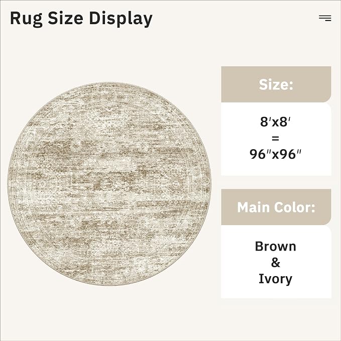 Soalmost Round Rugs 8ft Living Room Circle Area Rug 8x8 Brown Vintage | - Image 5