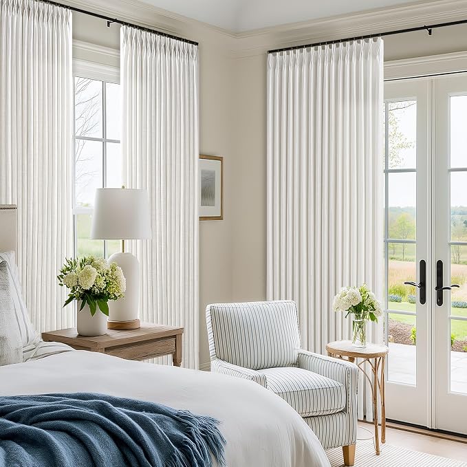 Beige White Pinch Pleated 96 Inch Memory Shaped Linen Blend Curtains 50x96 | - Image 7