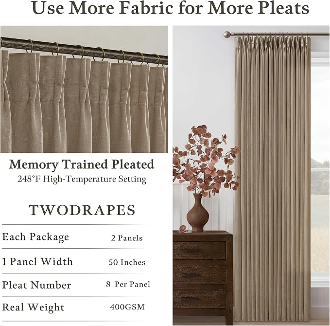 Latte Pinch Pleated Linen Light Filtering Memory Shaped Curtains 50Wx86L | Flax - Image 4