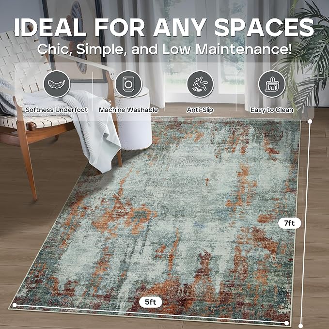5x7 Area Rugs for Living Room Bedroom Dining Room Washable Red Brown | Soft - Image 2