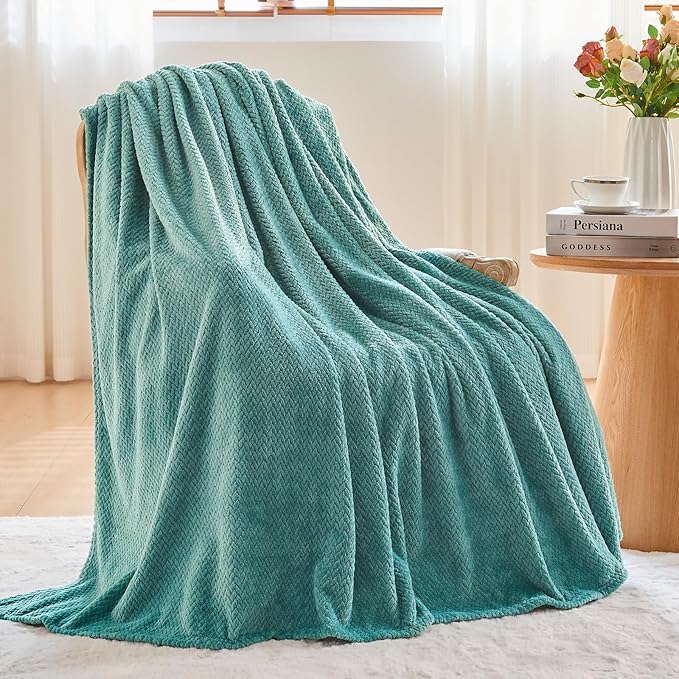 NEWCOSPLAY Super Soft Queen Blanket Light Teal Premium Silky Flannel Fleece Leaves Pattern Lightweight Bed Blanket All Season Use (Light Teal, Queen(90"x90"))
