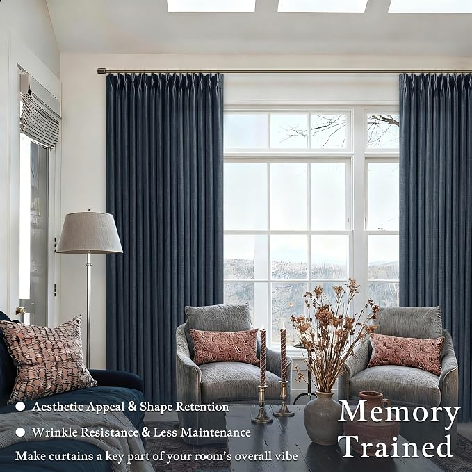 120 Inch Pinch Pleated Linen Navy Semi Sheer Curtains - Image 2