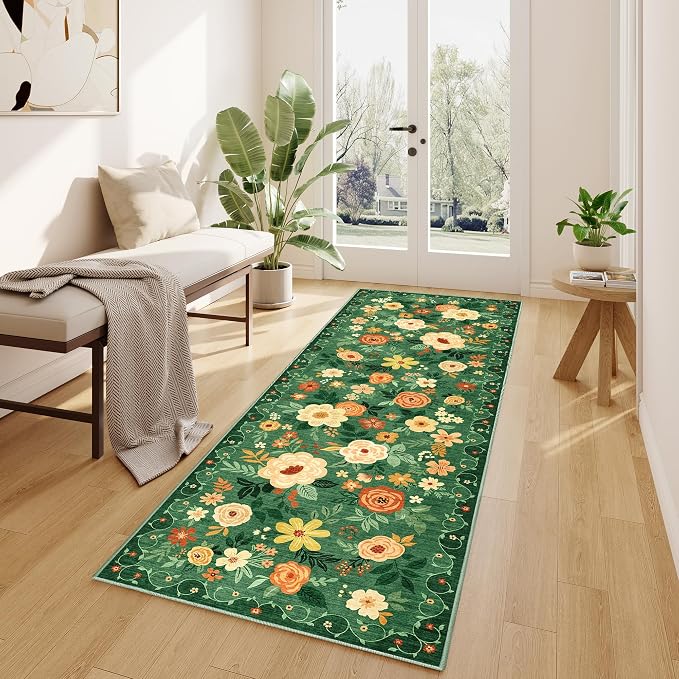 DUKINO 2x10 Runner Rug, Washable Kitchen Runner Rug Non Slip, Dark Green | Soft - Image 2