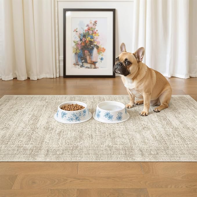 Soalmost 2x4 Washable Rugs for Kitchen, Small Area Rug Beige | Non-Slip Vintage - Image 2
