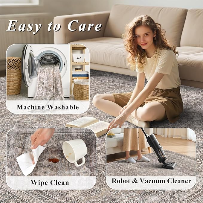 Schweek 6x9 Area Rug Washable Neutral Rug Non Slip - Image 7