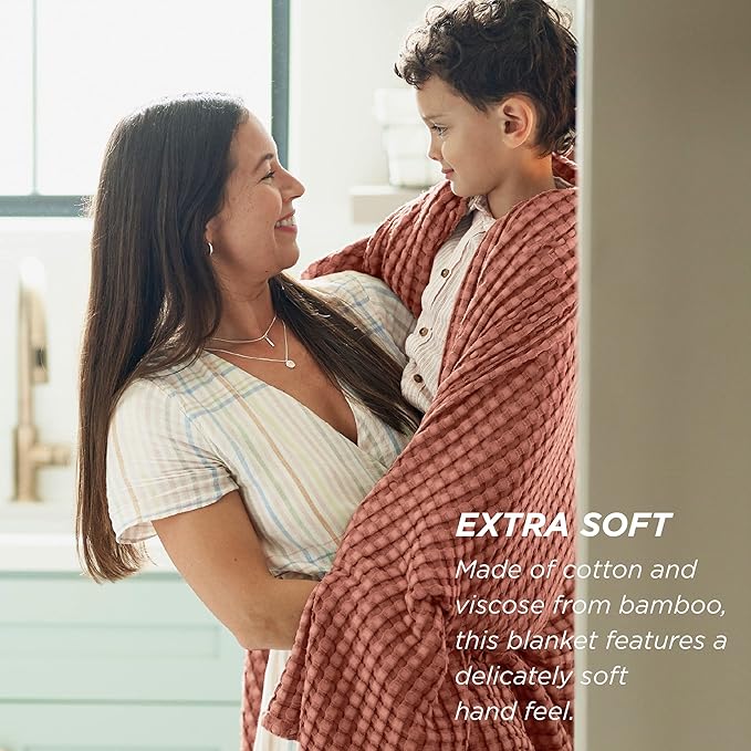 Bedsure Cooling Cotton Waffle Weave Blanket - Lightweight Breathable Blanket of Rayon Derived from Bamboo for Hot Sleepers, Luxury Throws for Bed, Couch and Sofa, Red Orange, 50x70 Inches