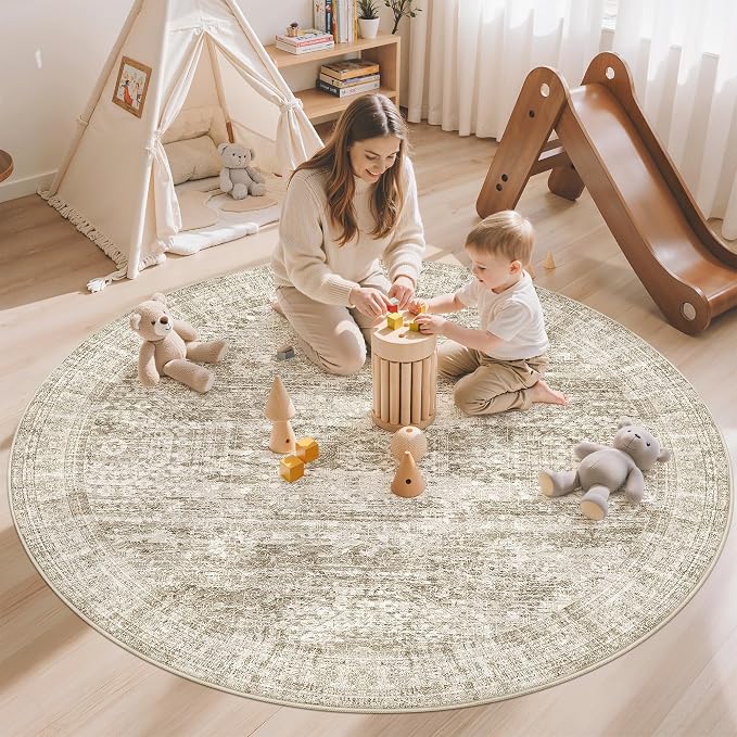 Soalmost 5x5 Brown Round Rug 6ft Circle Living Room Area Rugs Non-Slip | - Image 3