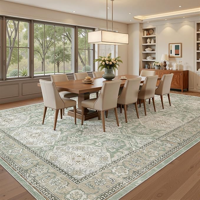 Soalmost 9x12 Area Rugs for Living Room Washable Rug Non-Slip Green/Brown | - Image 4