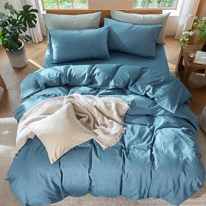 MooMee Bedding Duvet Cover Set 100% Washed Cotton Linen Like Textured Breathable Durable Soft Comfy (Heathered Peacock Blue, Super Queen 90"x98")
