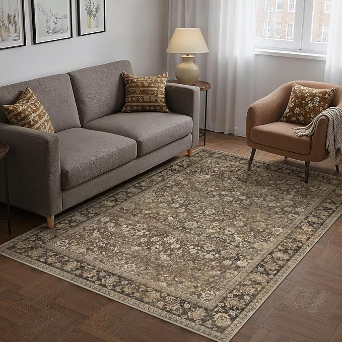 4x6 Brown Vintage Floral Washable Area Rug - Image 3