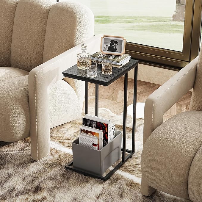 WLIVE Black Side Table, C Table End Table for Bedroom, Home Office, Dorm, Living Room Tables, Black Couch Table, 2-Tier Side Tables